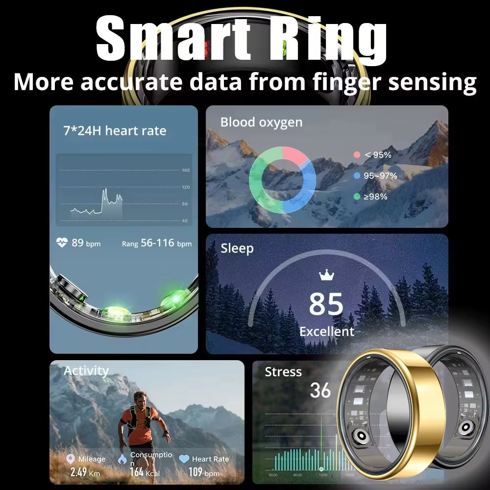 Smart Ring Bluetooth Health Monitoring Sleep Heart Rate Multi-Sport Modes Waterproof IP68 5ATM Men Women Multifunctional Ring