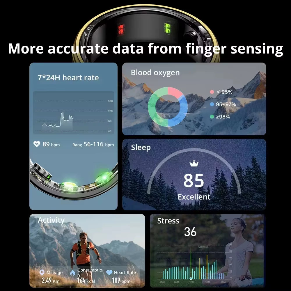 Smart Ring Bluetooth Health Monitoring Sleep Heart Rate Multi-Sport Modes Waterproof IP68 5ATM Men Women Multifunctional Ring